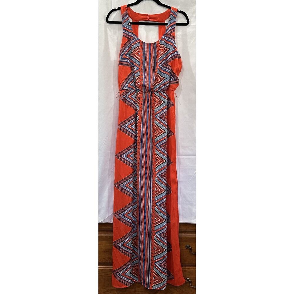 Luxology Tropical Belted Maxi Dress V Neck Women Size M Red Bohemian - Picture 4 of 16